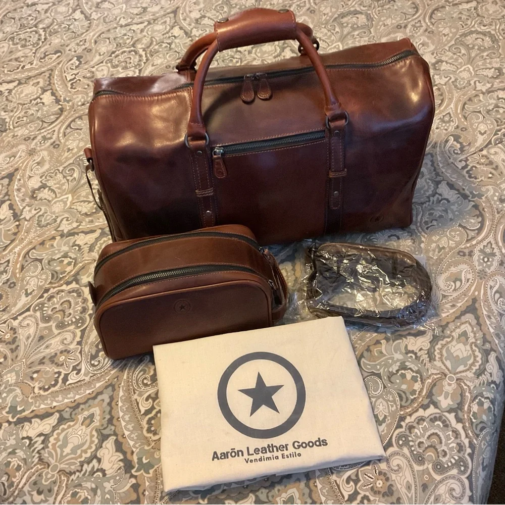 New Aaron Leather Goods Travel Duffle Bag and Toiletry bag